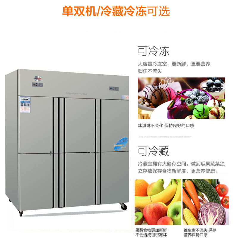立德三羊商用六門大冰箱 雙機(jī)雙溫冰箱展示柜 酒店客房商用冰箱